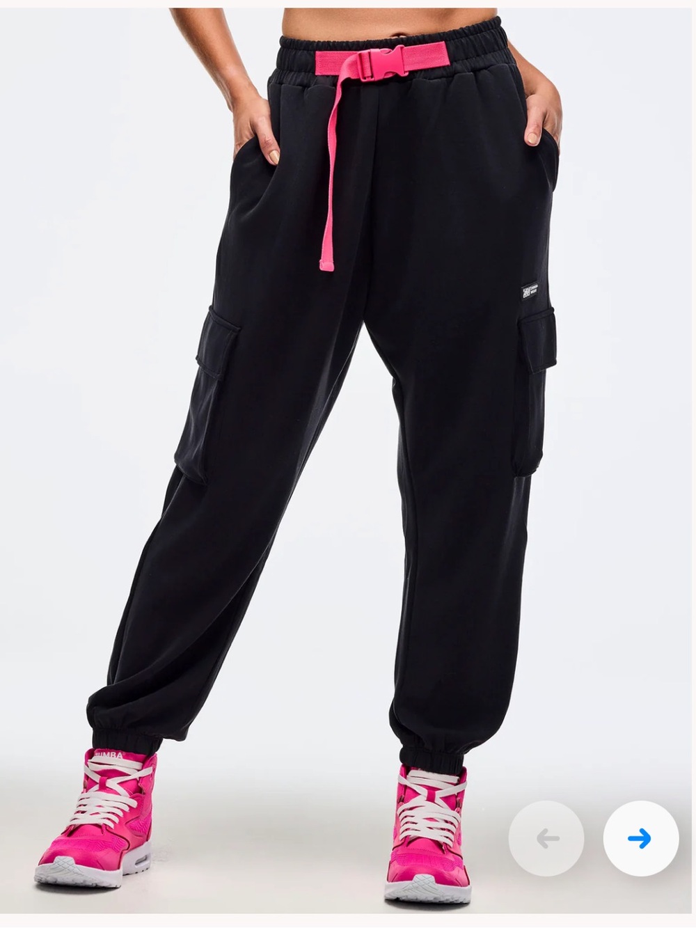 Zumba Fitness Black Cargo Joggers with Hot Pink Belt
